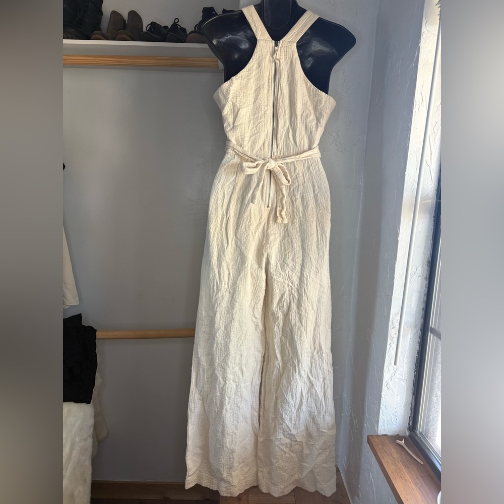Anthropologie Cream Sleeveless V-Neck Wide-Leg textured cream Jumpsuit sz 4 used - Picture 8 of 8